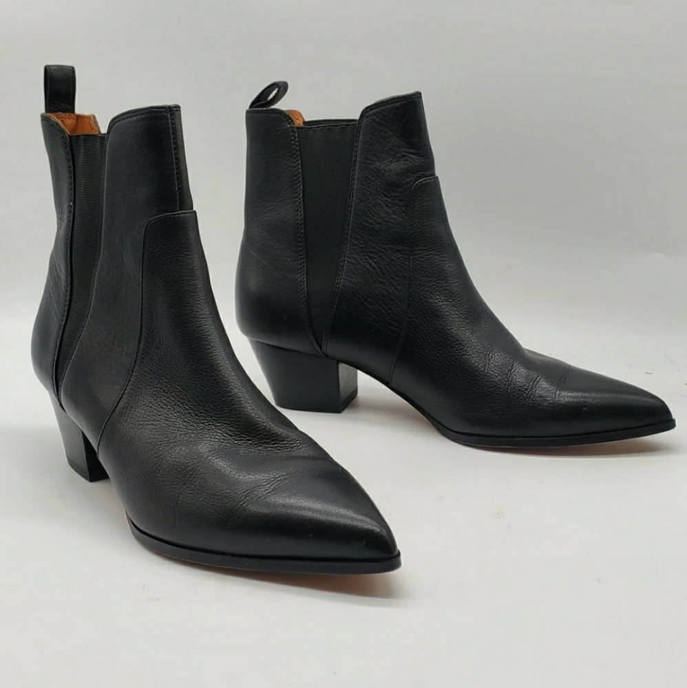 & Other Stories Point Toe Heeled Ankle Boot Black Leather Pull-on Bootie 8